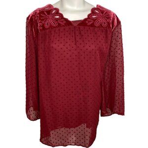 Style & Co Blouse Top Women's 3X Plus Red Eyelet-Yoke Swiss-Dot Textured Overlay
